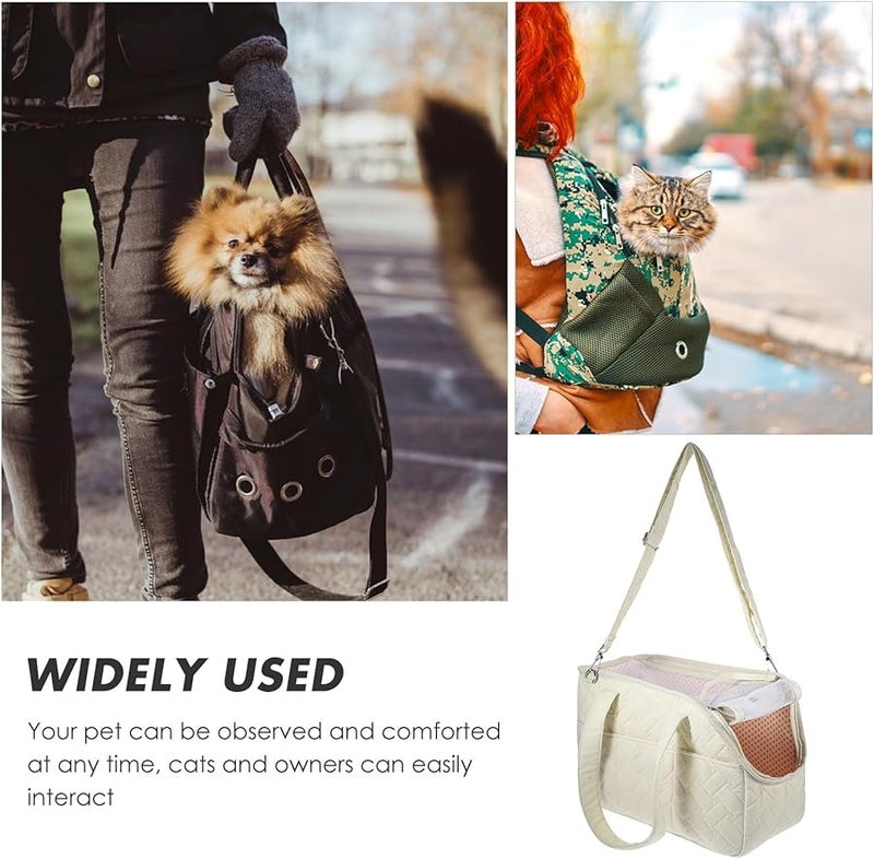 Small Cream Canvas Pet Carrier Bag with Pocket for Puppy and Cat Travel - Image 5